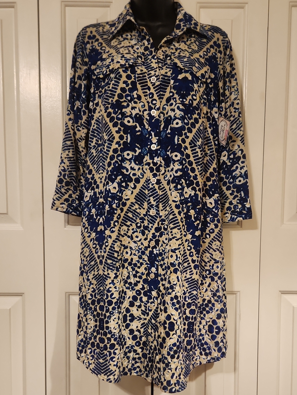 Blue & Cream Printed Button-Front Shirt Dress - Womens Size Small